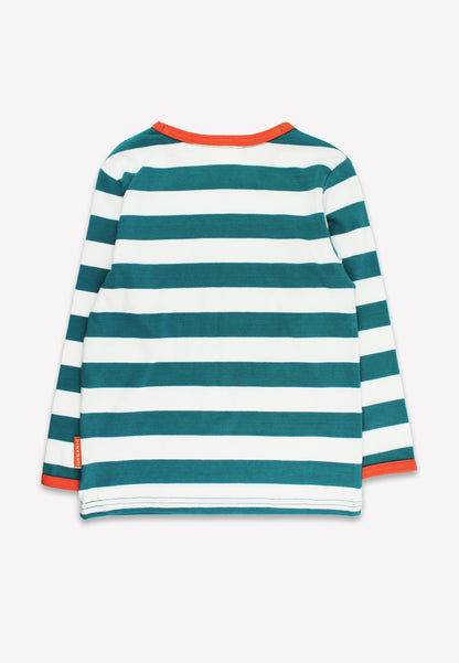 Striped long-sleeve shirt with green and white horizontal stripes on a white background