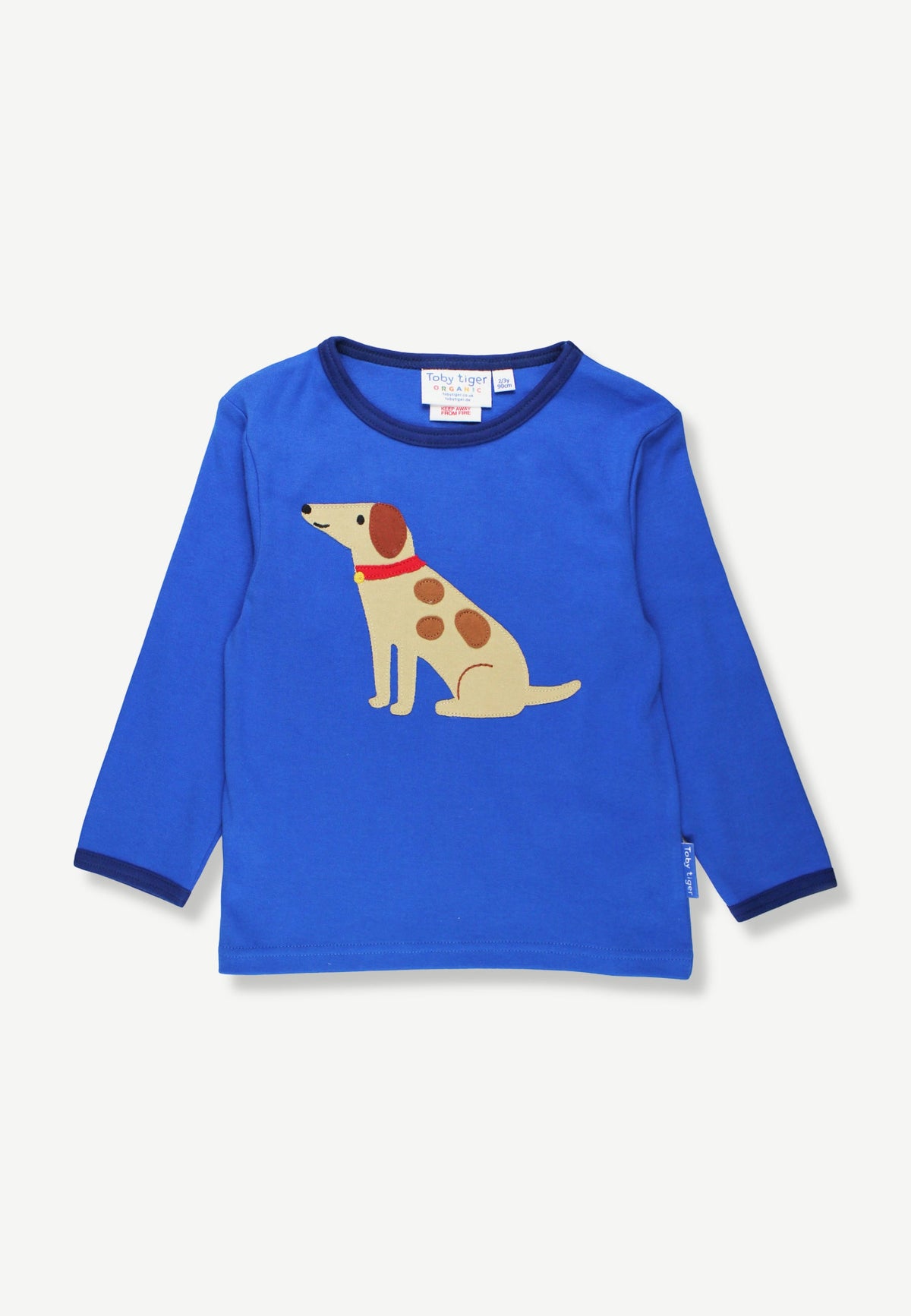 A long-sleeve royal blue children's t-shirt with a cartoon dog graphic on the front, displayed against a light off-white background.