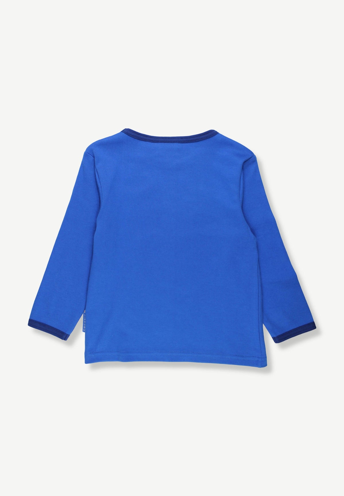 A bright blue long-sleeve shirt shown from the back, featuring dark blue ribbed trim on the collar and cuffs, laid flat against a light off-white background.