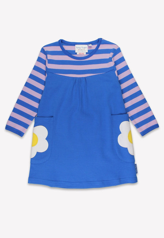 Organic Blue Daisy Applique Long-Sleeved Dress by Toby Tiger, GOTS-certified, vetted by KIDDYKIND