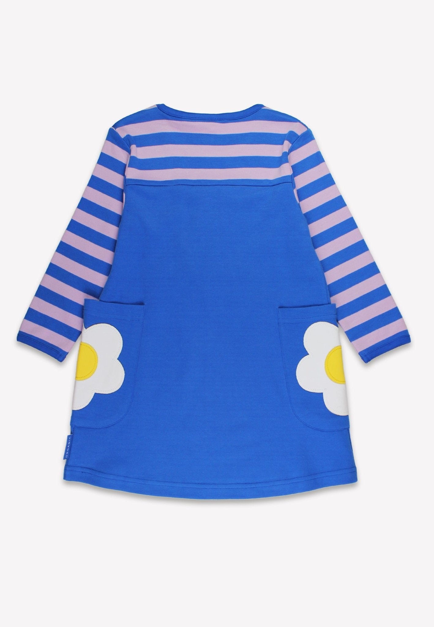 Organic Blue Daisy Applique Long-Sleeved Dress by Toby Tiger, GOTS-certified, vetted by KIDDYKIND
