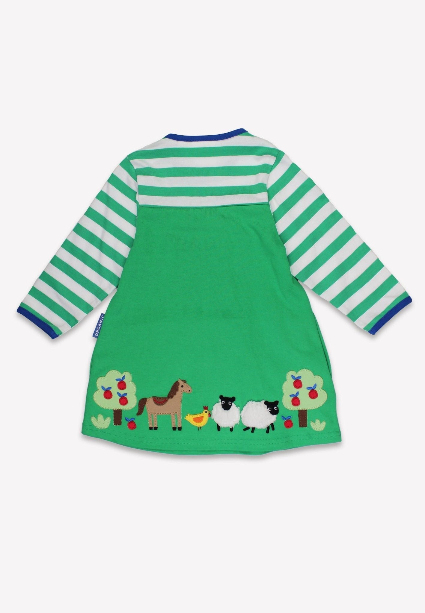 Organic Hillside Applique T-shirt Dress by Toby Tiger, GOTS-certified, vetted by KIDDYKIND