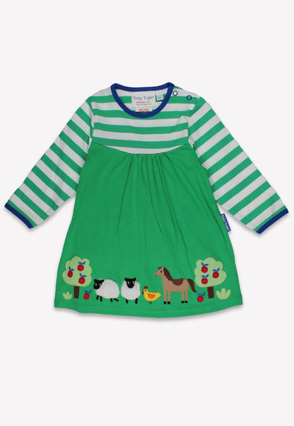 Organic Hillside Applique T-shirt Dress by Toby Tiger, GOTS-certified, vetted by KIDDYKIND