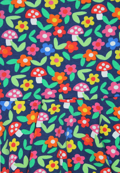 Colorful pattern of mushrooms and flowers on a blue background