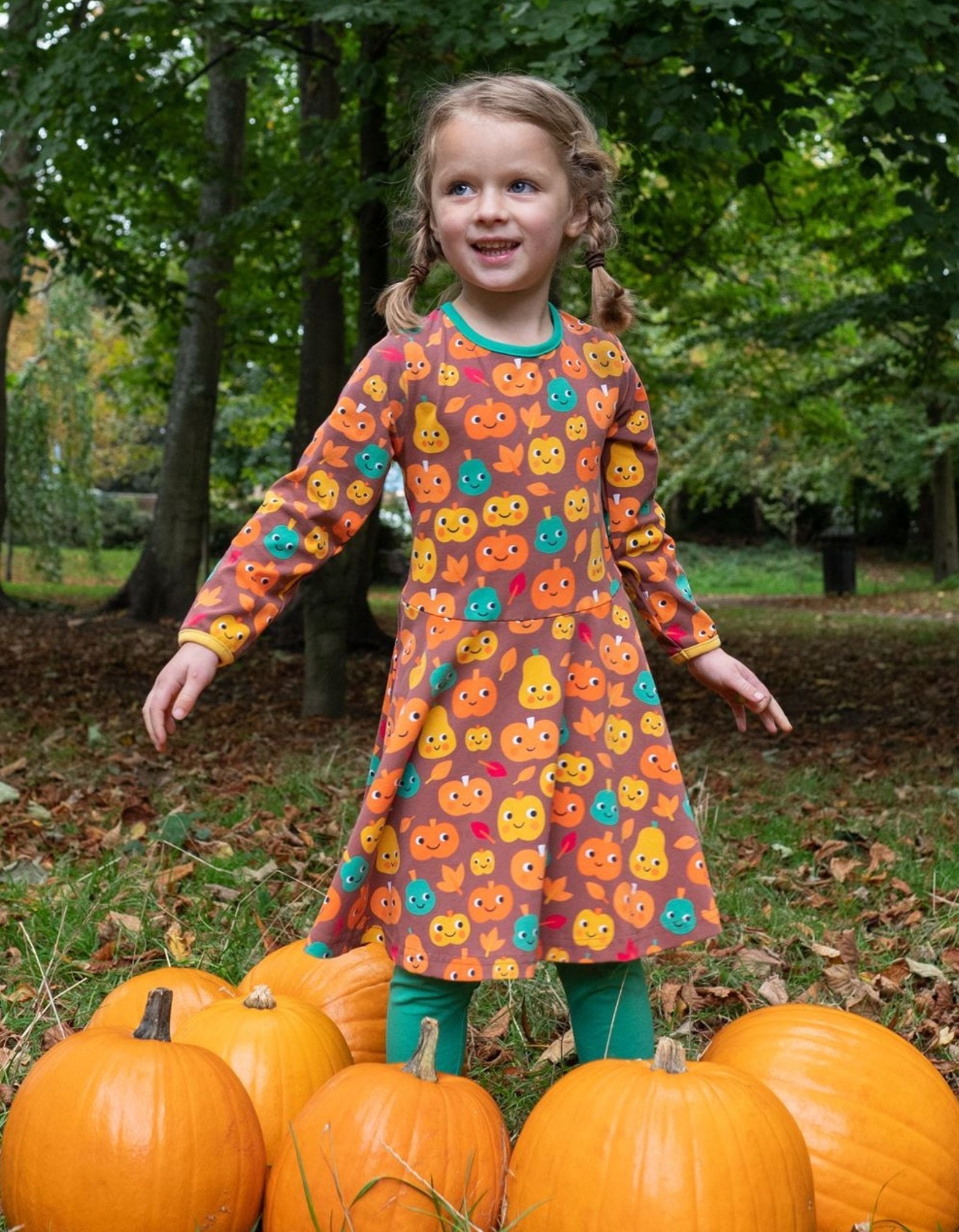 Organic Pumpkin Print Long - Sleeved Skater Dress - Toby Tiger UK Retail
