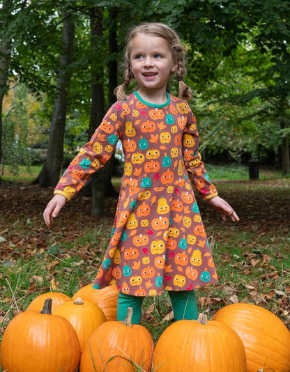 Organic Pumpkin Print Long - Sleeved Skater Dress - Toby Tiger UK Retail