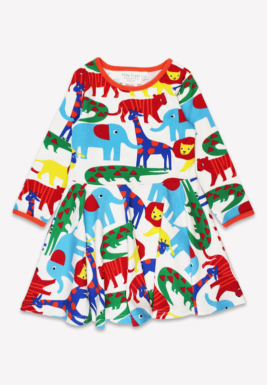 Colorful kids dress with animal prints including elephants, giraffes, crocodiles, and a lion.