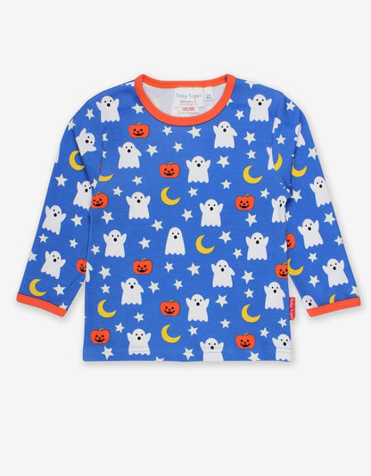 Organic Halloween Print Long-Sleeved T-Shirt by Toby Tiger, GOTS-certified, vetted by KIDDYKIND