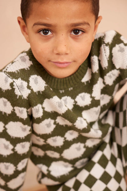 Boy wearing the Flock of Sheep Jumper in avocado green