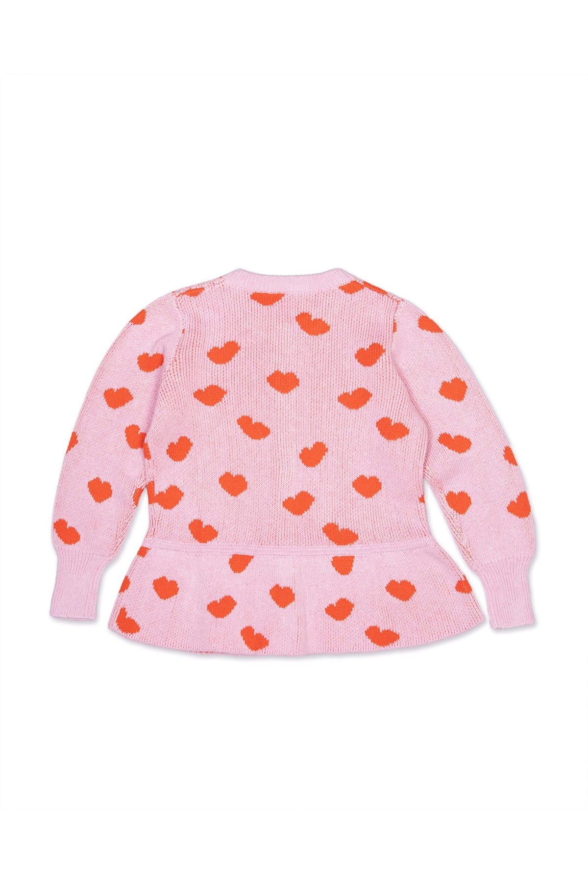 Back view of the Love Hearts Peplum Cardigan in bubble gum pink showing the peplum flare