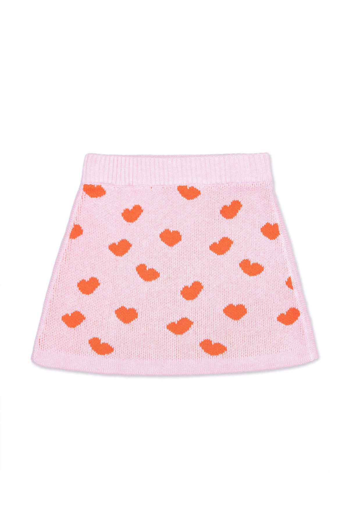 Front view of the Love Hearts A-line Skirt in bubble gum pink with lolly pop red jacquard hearts