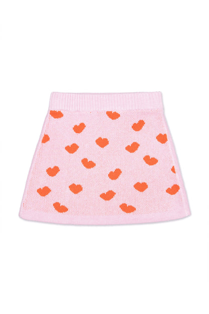 Front view of the Love Hearts A-line Skirt in bubble gum pink with lolly pop red jacquard hearts