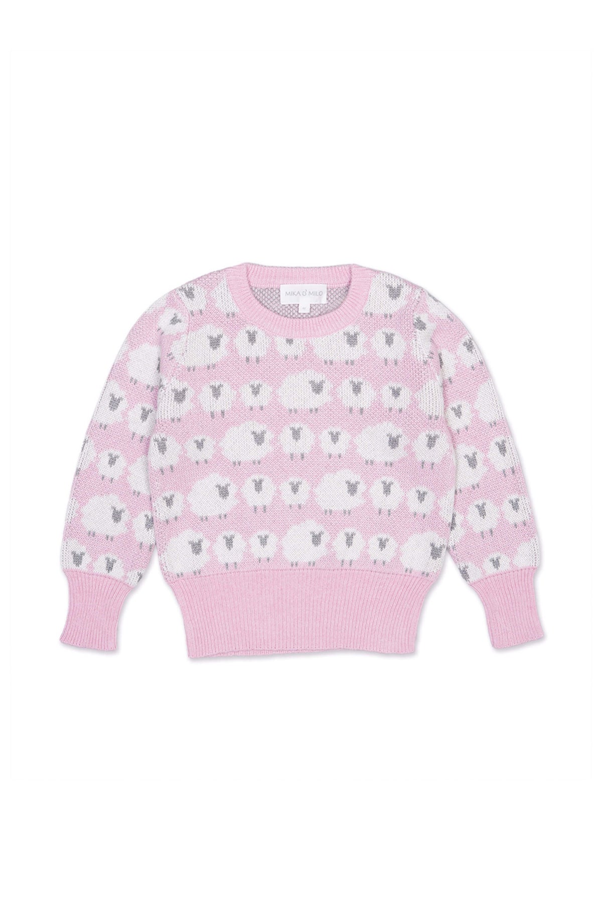 Front view of the Little Bo Peep Jumper in bubble gum pink with rows of cream jacquard sheep