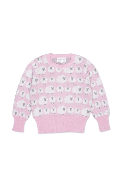 Front view of the Little Bo Peep Jumper in bubble gum pink with rows of cream jacquard sheep