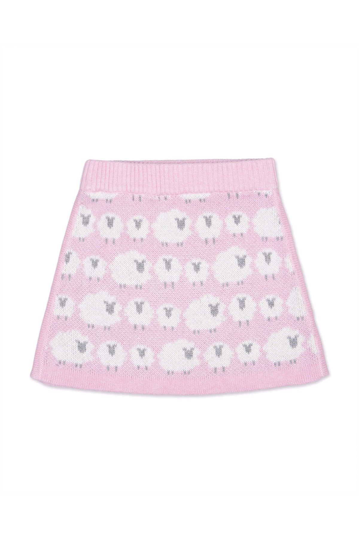 Front view of the Little Bo Peep A-line Skirt in bubble gum pink with rows of cream jacquard sheep