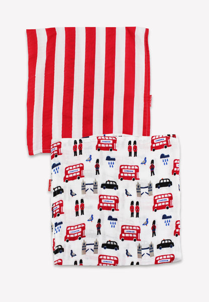 Red and white striped towel with London-themed design on a white background