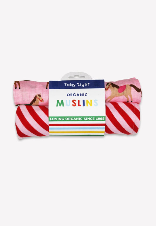 Organic Pink Horse and Pony Print 2 Pack Muslin - Toby Tiger