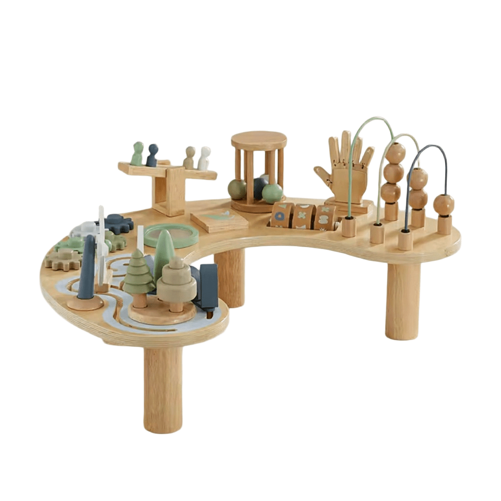 Montessori wooden toddler activity table with bead tracks, gears and stackers, view 2