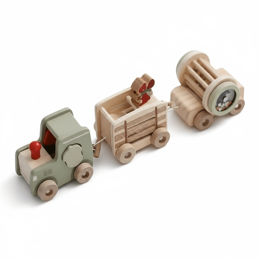 Neutral wooden tractor and trailer toy with rattle drum, view 3