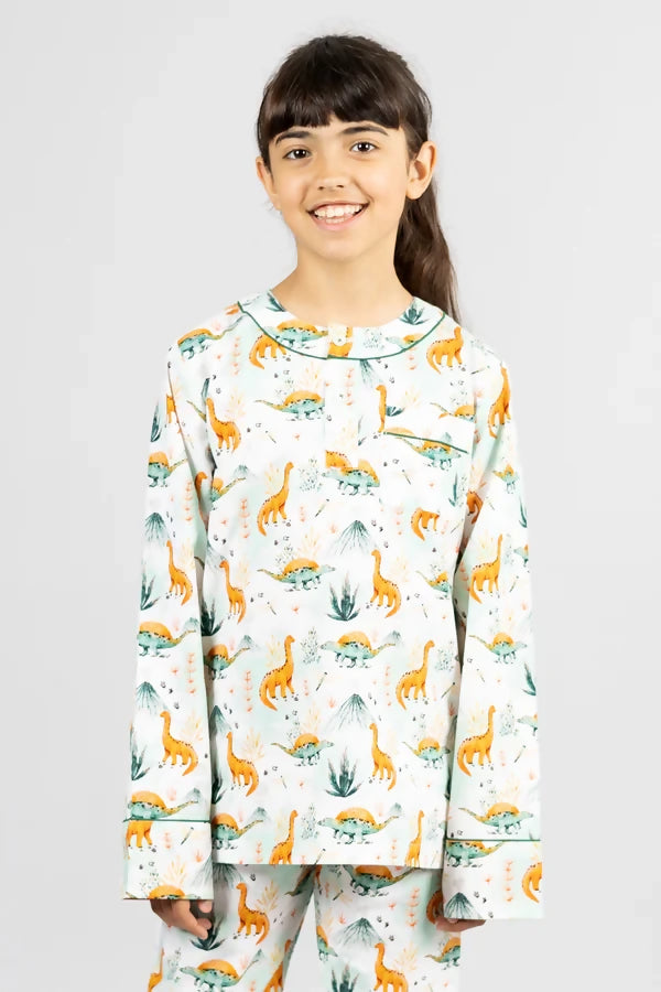 organic cotton kids pyjamas, natural kids pyjamas, organic kids pyjamas, dino print kids pyjamas, kids unisex sleepwear. Kutti Lulu