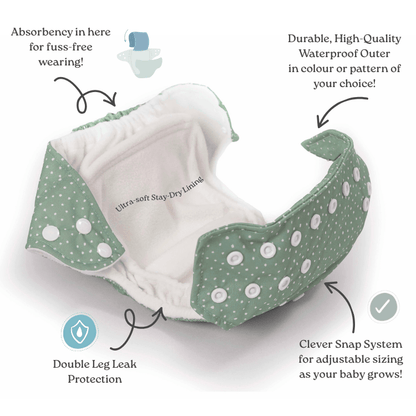 One Size All-In-One Reusable Cloth Nappy - Sage Gingham
