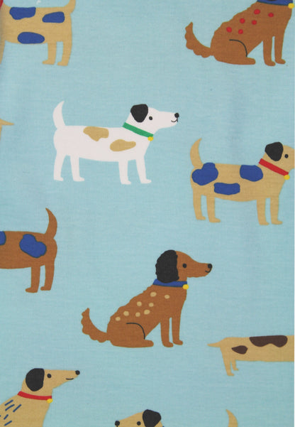 Close-up of light blue, featuring an all-over print of cartoon dogs in various breeds and colors