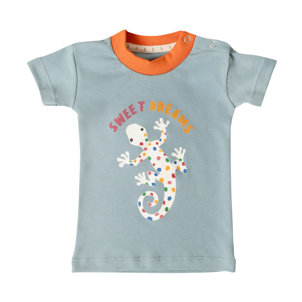 Pima cotton kids pyjamas, organic cotton kids pyjamas, natural kids pyjamas, organic kids pyjamas, iguana print kids pyjamas, kids unisex sleepwear. Inca Hugs