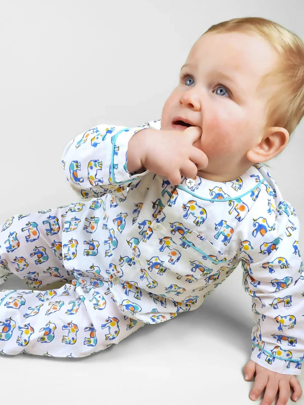 100% GOTS Certified Organic Cotton Kids Pyjamas. Award-winning kids pyjamas printed with dot to dot Ella the Elephant, that get softer with each wash. Kutti Lulu kids pyjamas, organic cotton kids pyjamas, organic cotton baby sleepwear