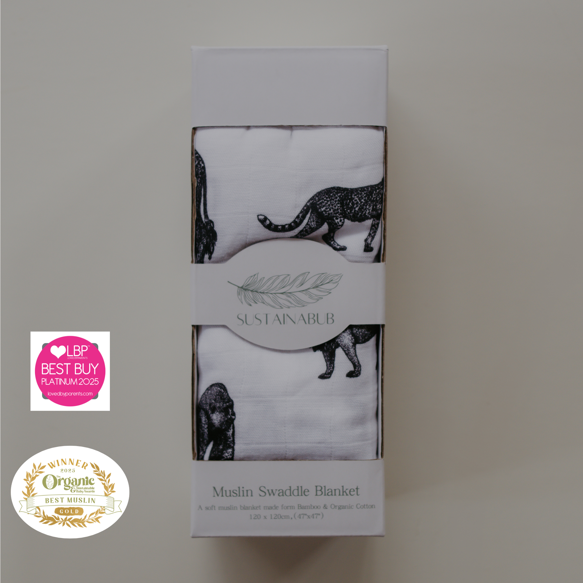 Safari Print Baby Muslin Swaddle (120x120cm) by Sustainabub, organic cotton, vetted by KIDDYKIND