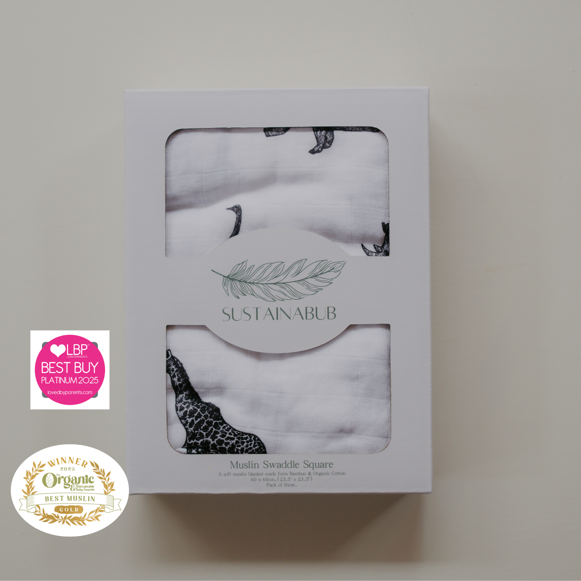 Safari Print Baby Muslins - Pack of 3 (60x60cm) by Sustainabub, organic cotton, vetted by KIDDYKIND