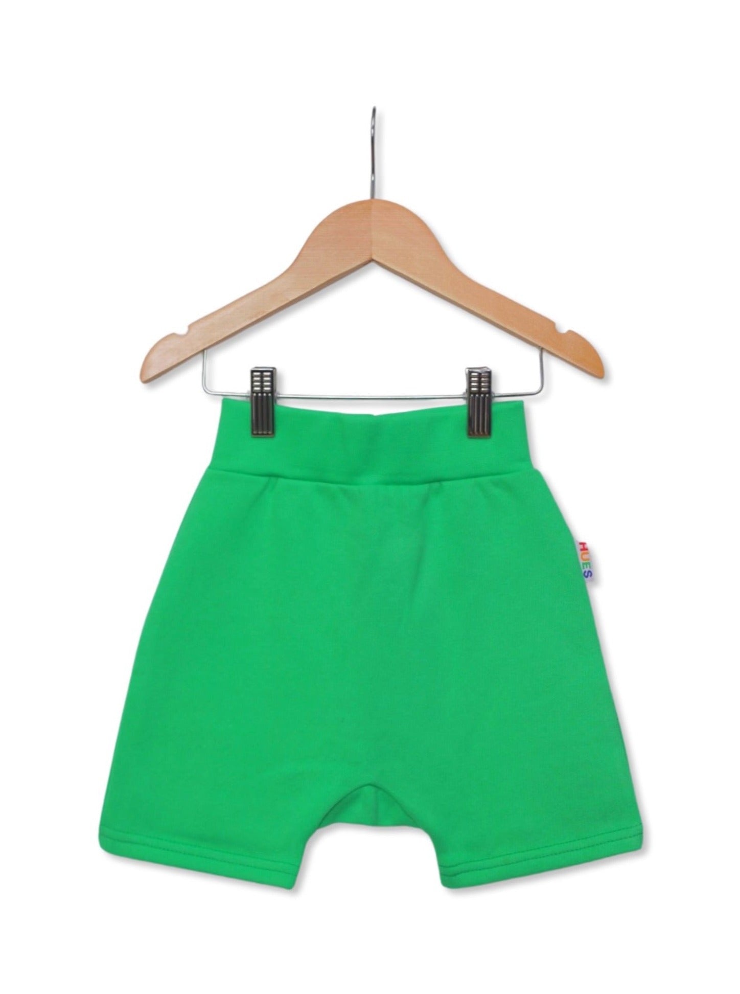 Kids Unisex Green Shorts Front View - Hues Clothing