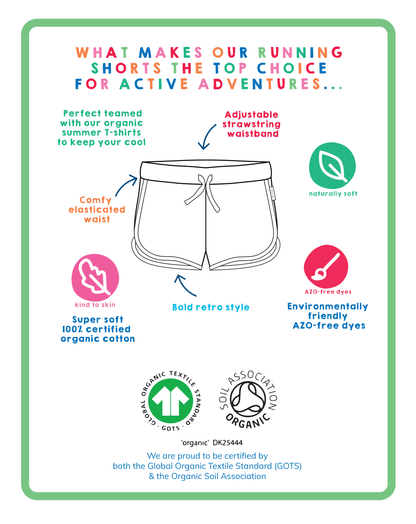 Organic Daisy Print Running Shorts by Toby Tiger, GOTS-certified, vetted by KIDDYKIND