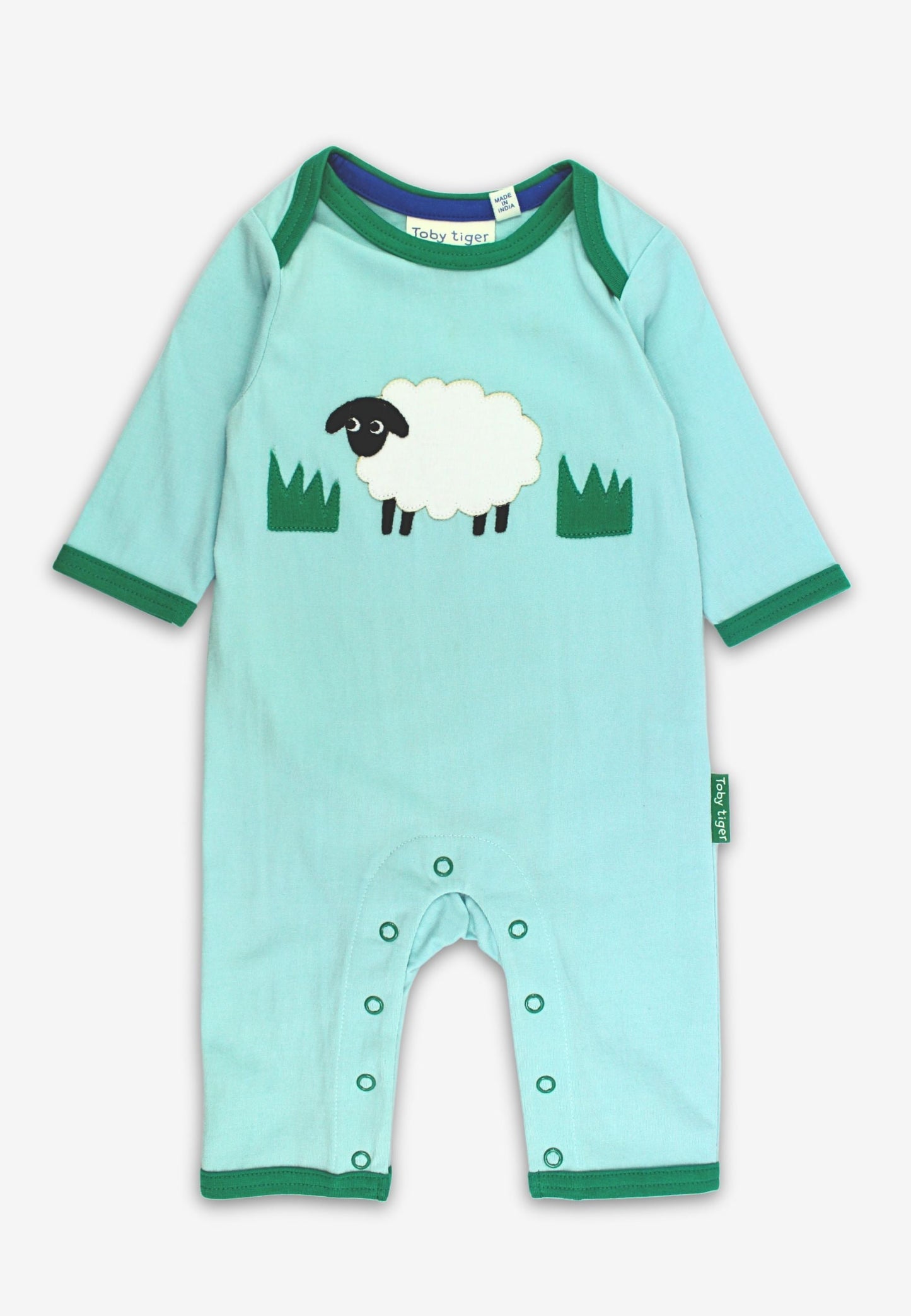 Natural baby sleep: Organic Sheep Applique Blue Sleepsuit | KIDDYKIND