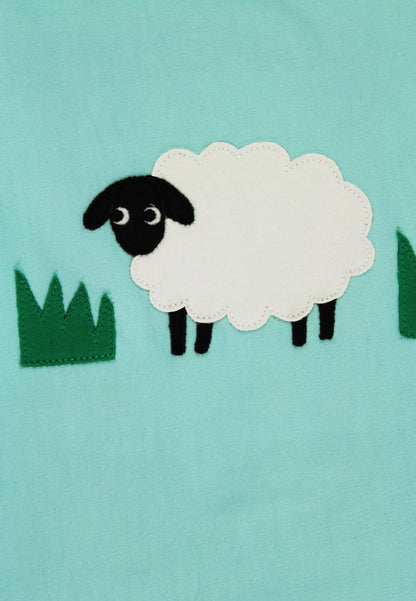 Natural baby sleep: Organic Sheep Applique Blue Sleepsuit | KIDDYKIND