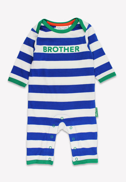 Organic Brother Applique Blue Stripe Sleepsuit | organic baby sleepwear UK — KIDDYKIND