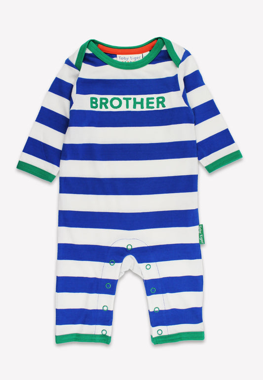 Organic Brother Applique Blue Stripe Sleepsuit | organic baby sleepwear UK — KIDDYKIND