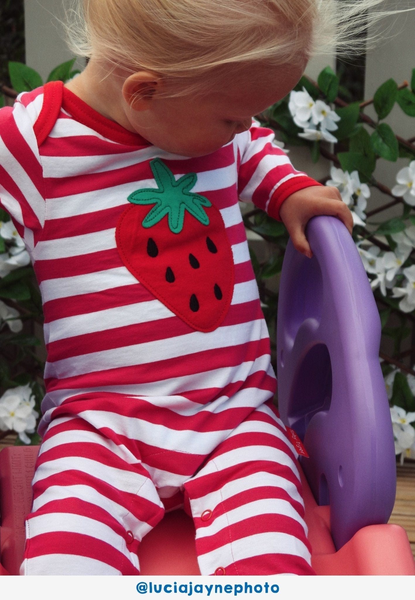 Organic Picnic Strawberry Applique Sleepsuit | organic cotton kids pyjamas UK
