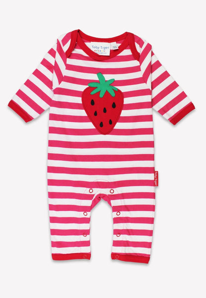 Organic Picnic Strawberry Applique Sleepsuit | organic cotton kids pyjamas UK