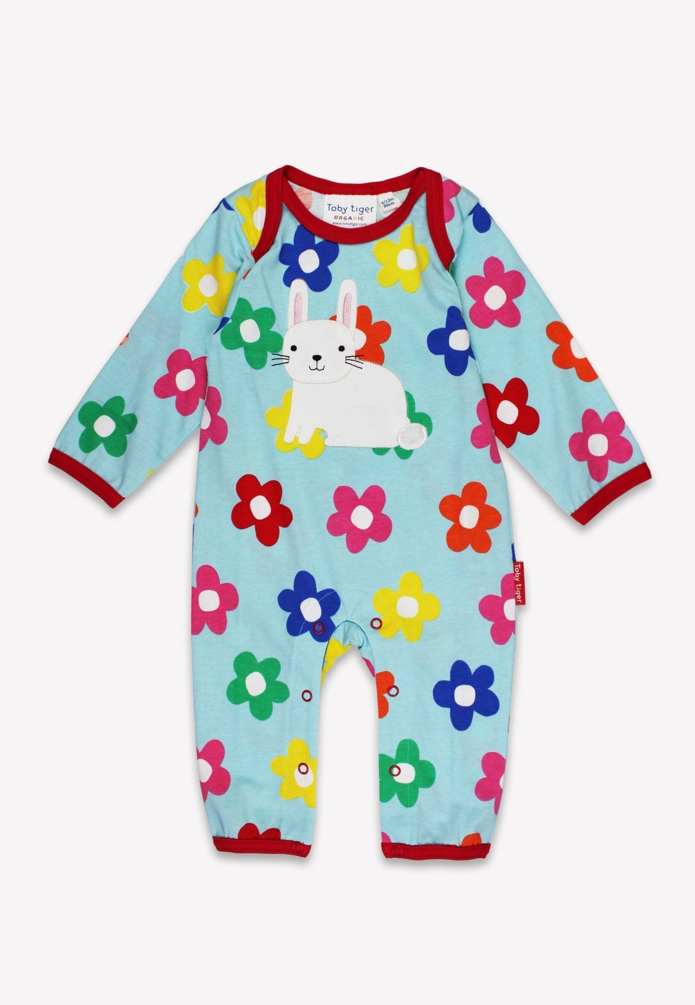 Organic Rainbow Bloom Bunny Applique Sleepsuit | organic cotton kids pyjamas UK