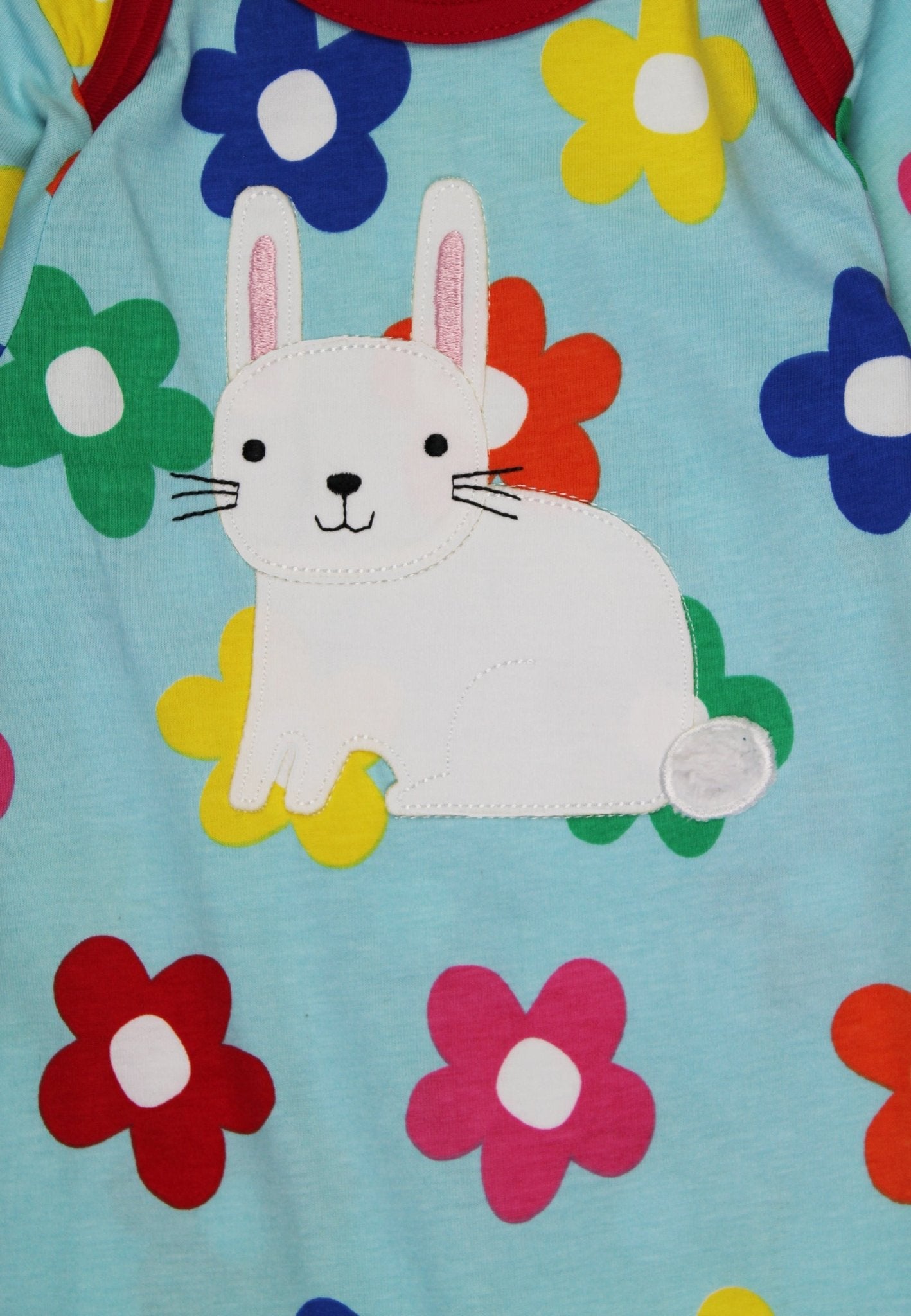 Organic Rainbow Bloom Bunny Applique Sleepsuit | organic cotton kids pyjamas UK