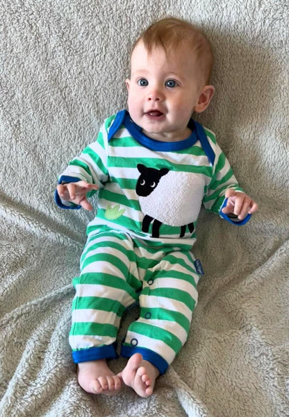 Organic Hillside Sheep Applique Sleepsuit | organic baby sleepwear UK — KIDDYKIND