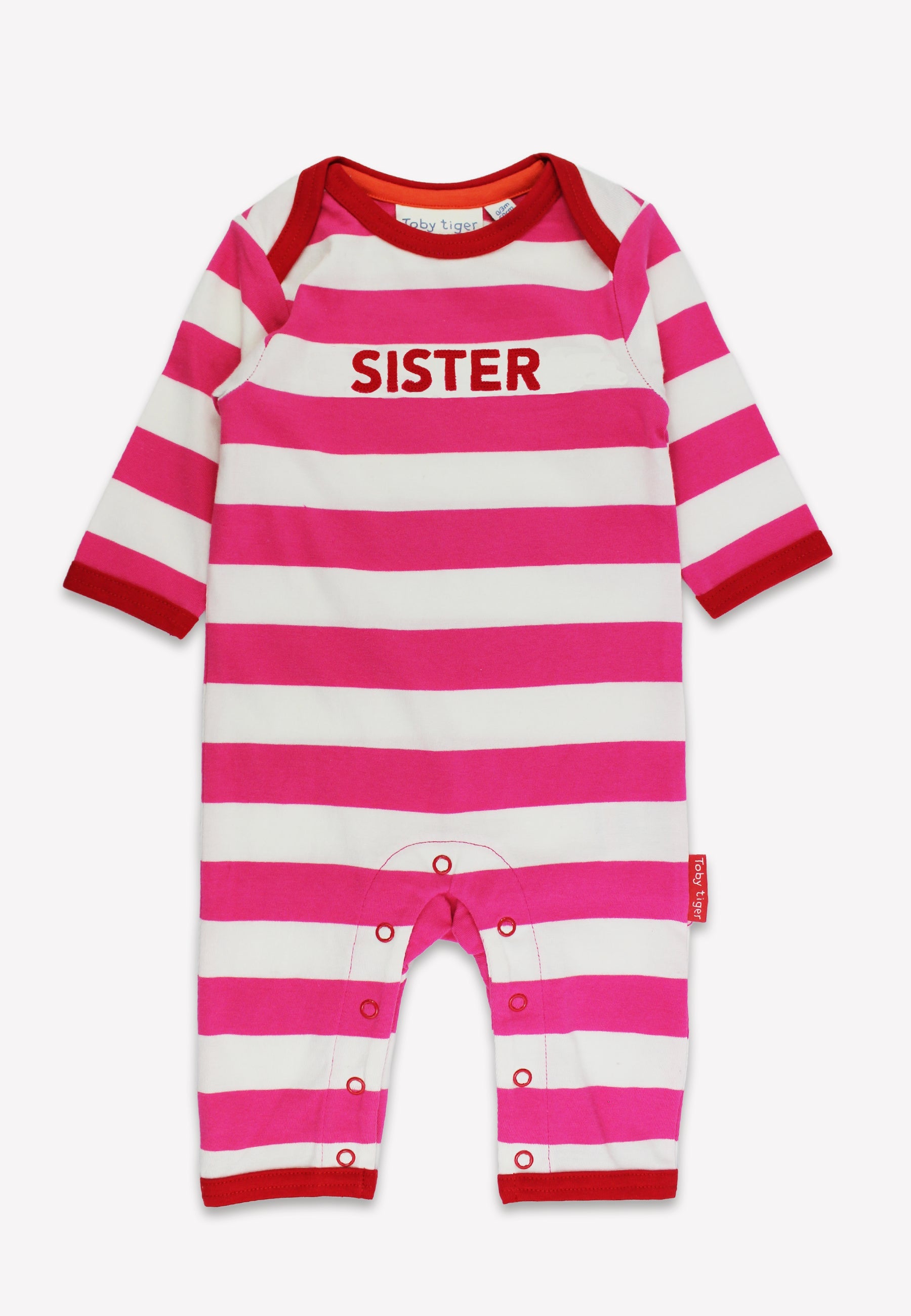 Organic baby bedding: Organic Sister Applique Pink Stripe Sleepsuit | KIDDYKIND