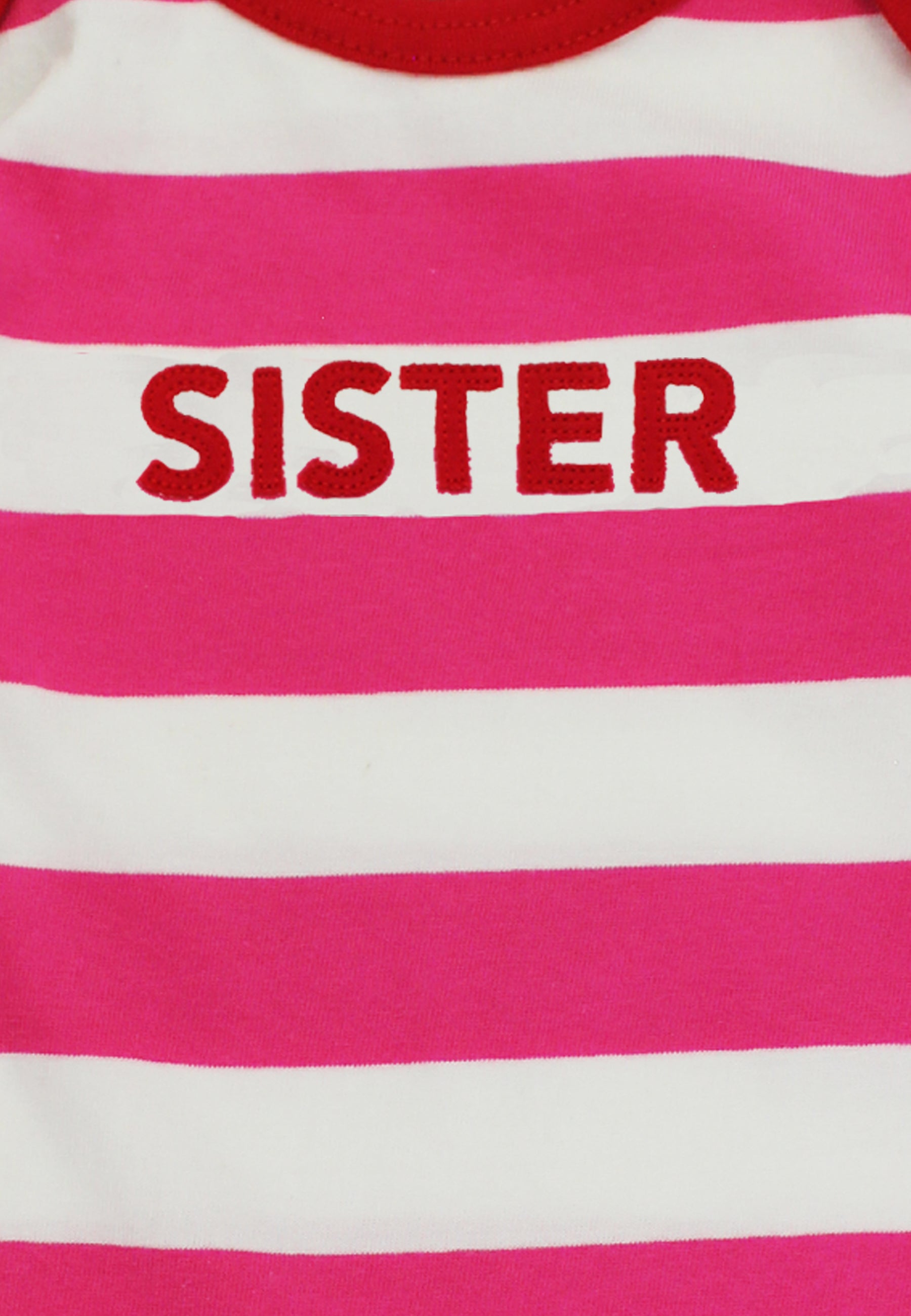 Organic baby bedding: Organic Sister Applique Pink Stripe Sleepsuit | KIDDYKIND