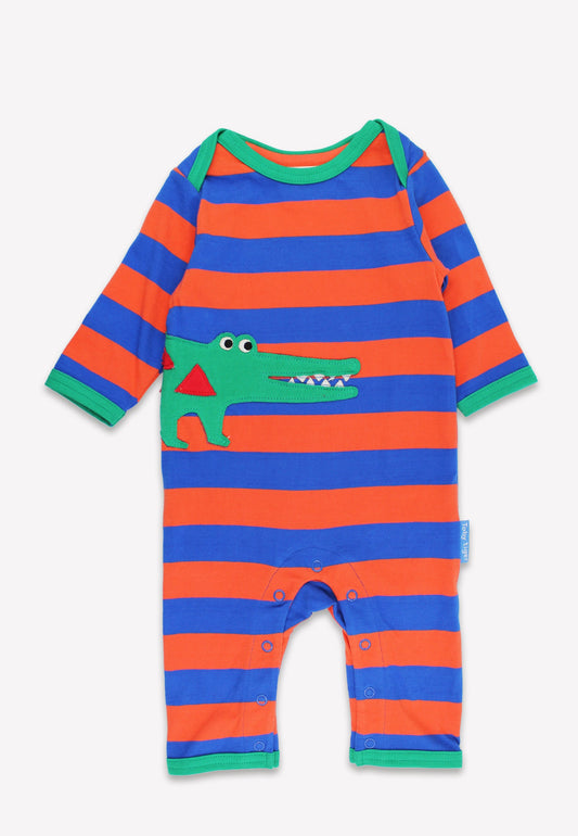 Natural baby sleep: Organic Crocodile Applique Striped Sleepsuit | KIDDYKIND