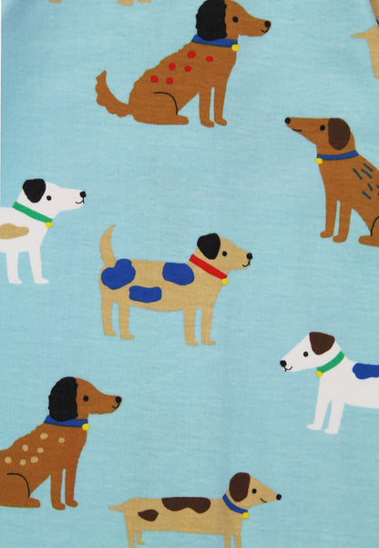 Pattern of dogs with colorful collars on a blue background