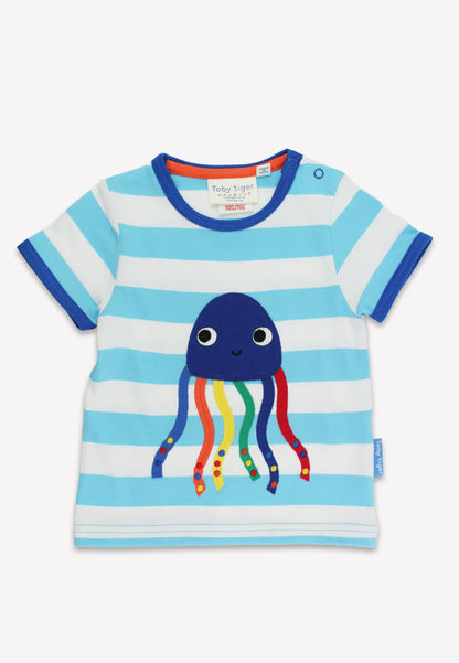 Children's t-shirt with striped pattern and colorful jelly fish design on a white background