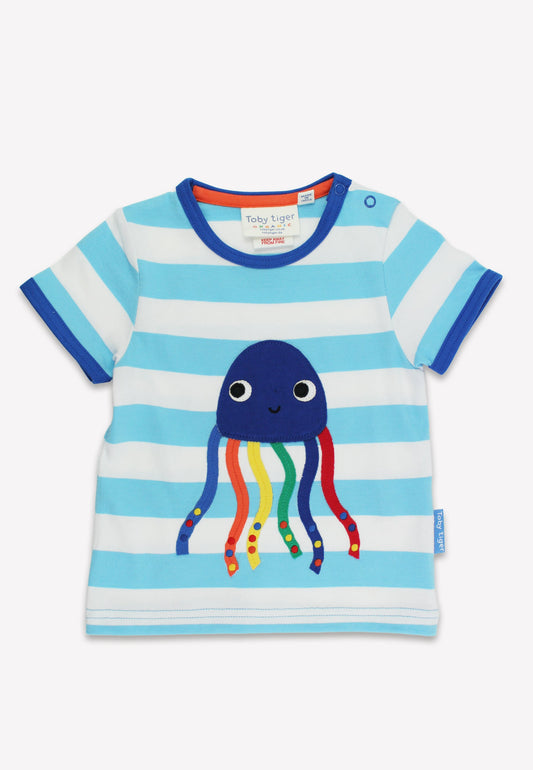 Children's t-shirt with striped pattern and colorful jelly fish design on a white background
