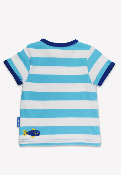 Blue and white striped t-shirt with a fish design on a white background