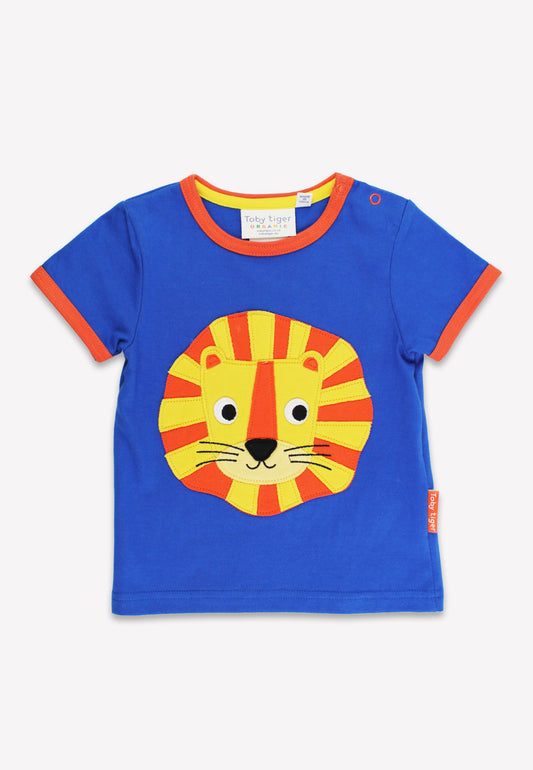 Blue t-shirt with a lion face design on a white background