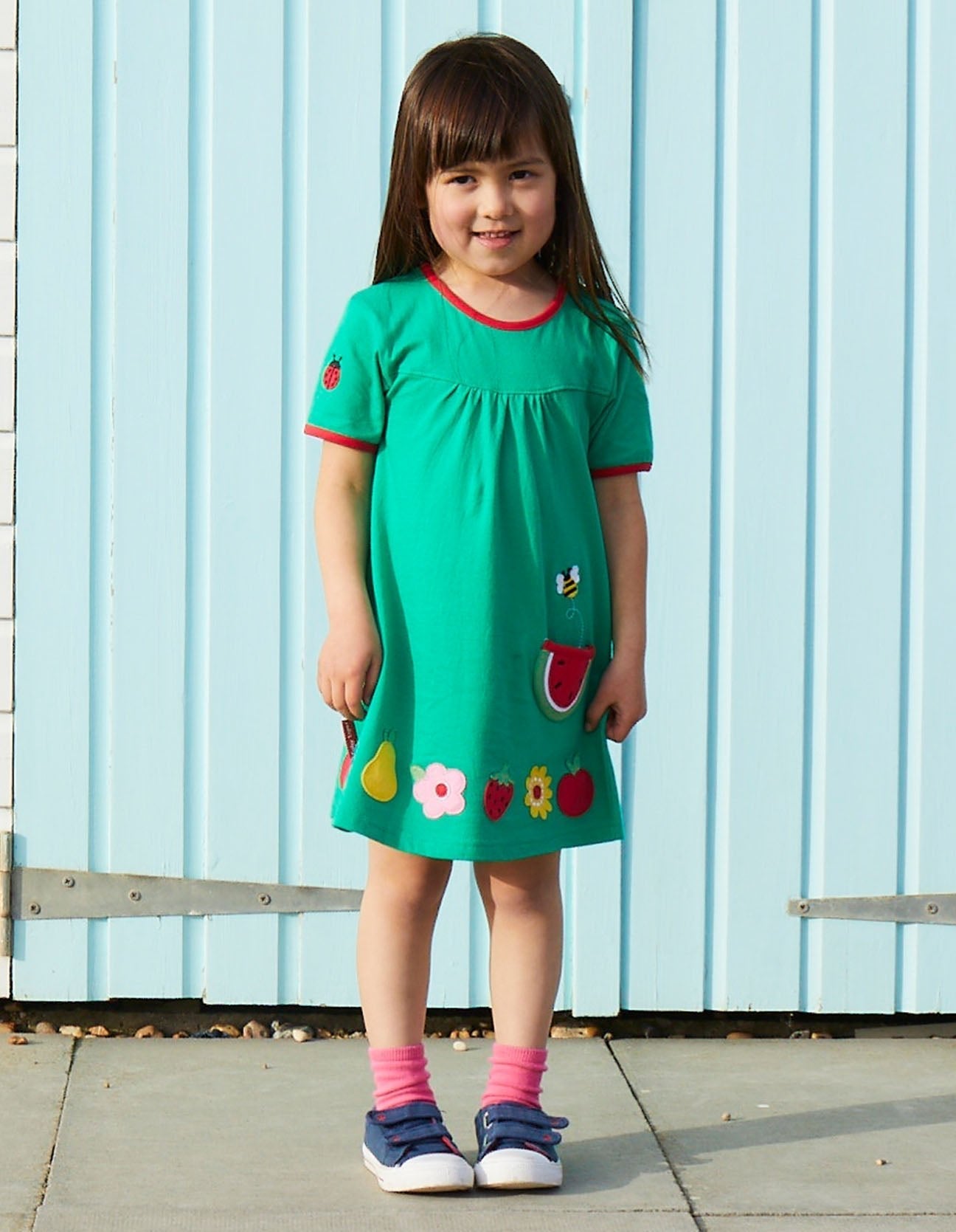 Organic Fruit Flower Applique T-Shirt Dress by Toby Tiger, GOTS-certified, vetted by KIDDYKIND